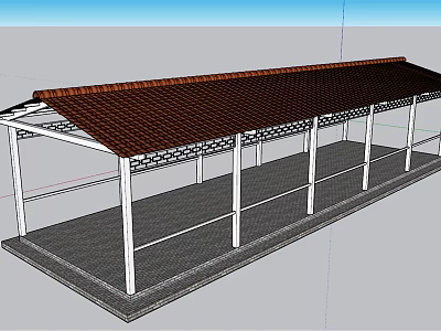 Modern Pergola Structure With Brown Tile Roof White Columns And Gray Floor Railings 3d model