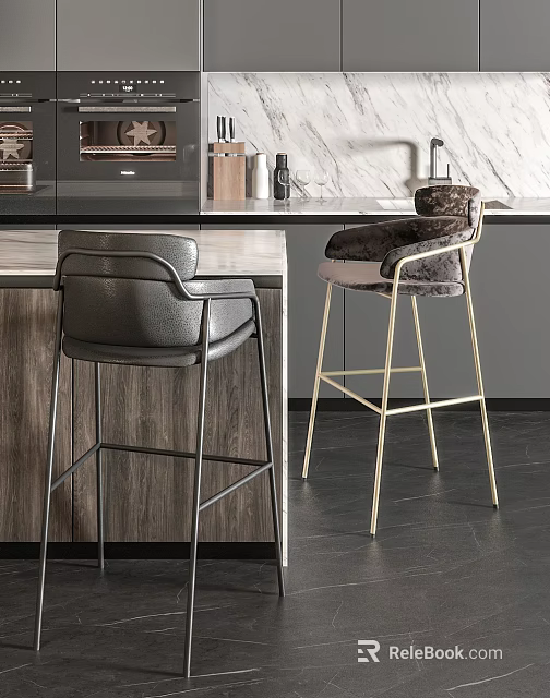 Modern Bar Stools With Leather Faux Fur Seats Black Gold Metal Frames Kitchen Counter 3d model 