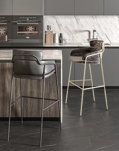 Modern Bar Stools With Leather Faux Fur Seats Black Gold Metal Frames Kitchen Counter 3d model