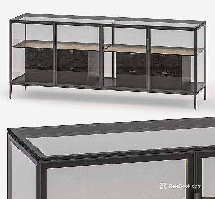 Modern Black Display Shelf With Glass Doors Metal Frame And Storage 3d model 