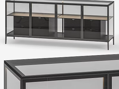 Modern Black Display Shelf With Glass Doors Metal Frame And Storage 3d model