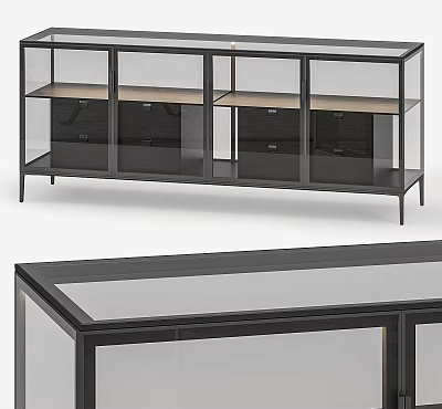 Modern Black Display Shelf With Glass Doors Metal Frame And Storage 3d model