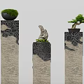 Decorative Pillars With Intricate Cloud Patterns And Top Potted Plants Bonsai And Stone Decor 3d model