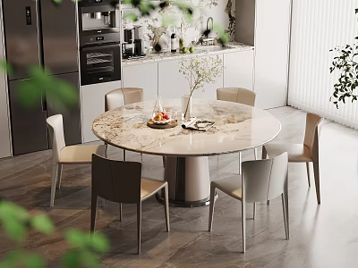 Modern Round Dining Table Set With Marble Top And Beige Upholstered Chairs 3d model