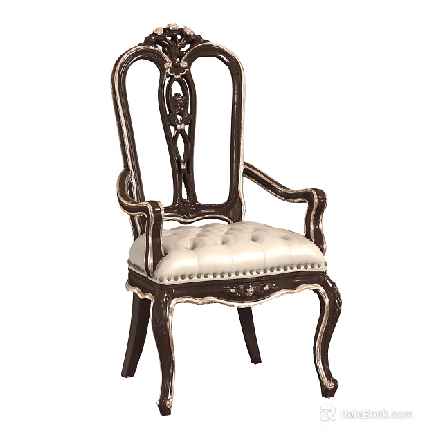 Classic Carved Armchair With Dark Wooden Frame And Light Button Tufted Upholstery 3d model 