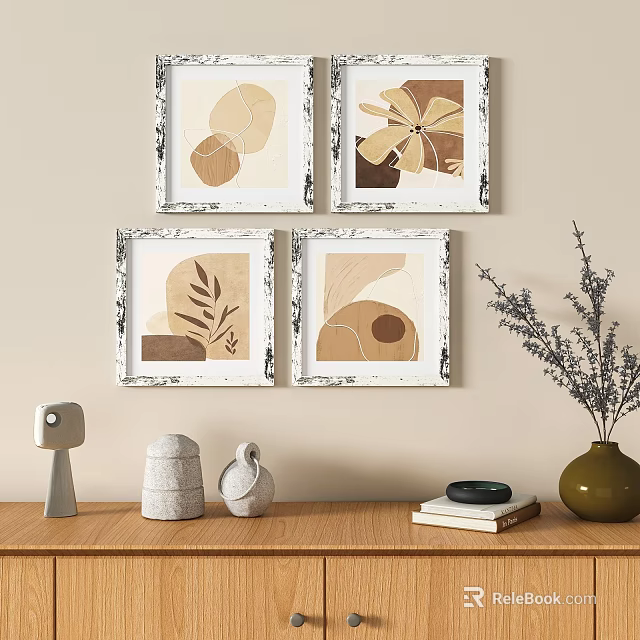 Four Vintage White Frames with Abstract Plant Geometric Artwork Wall Mounted Decor 3d model