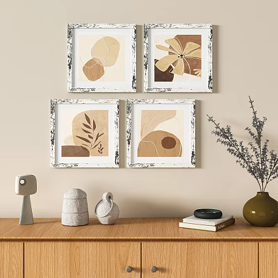 Four Vintage White Frames with Abstract Plant Geometric Artwork Wall Mounted Decor 3d model