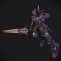 Smart Robot In Dynamic Combat Stance With Futuristic Blue Orange Armor And Mechanical Cannons