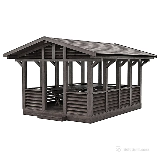 Wooden Gazebo With Sloped Roof Supporting Posts And Railed Sides For Outdoor Garden Area 3d model 