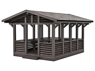 Wooden Gazebo With Sloped Roof Supporting Posts And Railed Sides For Outdoor Garden Area 3d model