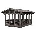 Wooden Gazebo With Sloped Roof Supporting Posts And Railed Sides For Outdoor Garden Area