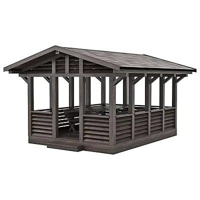 Wooden Gazebo With Sloped Roof Supporting Posts And Railed Sides For Outdoor Garden Area 3d model