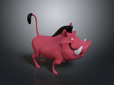 Cute Pink Cartoon Warthog Character With Black Tail Ears And Smiling Tusks 3d model