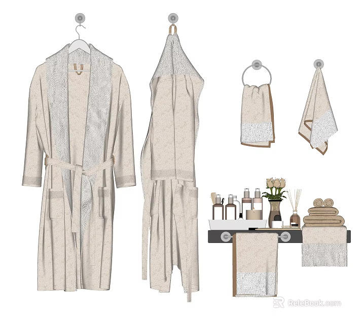 Cozy Bathroom Accessories Collection With Soft Bathrobes Towels And Toiletries On Tray 3d model 