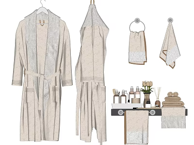 Cozy Bathroom Accessories Collection With Soft Bathrobes Towels And Toiletries On Tray 3d model