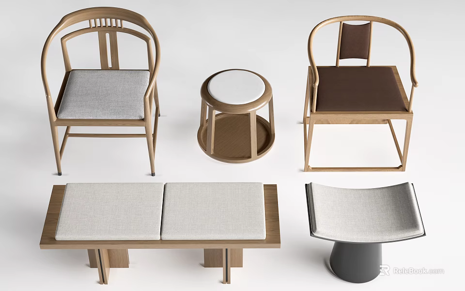 Modern Leisure Chairs With Wooden Frames Comfortable Cushions Round Side Table And Bench 3d model 