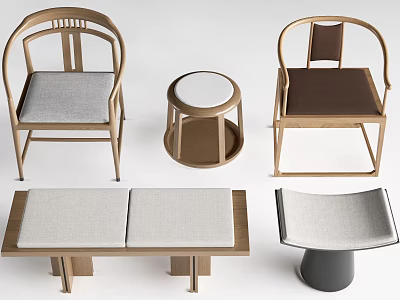 Modern Leisure Chairs With Wooden Frames Comfortable Cushions Round Side Table And Bench 3d model