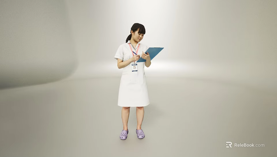 Woman in white uniform with ID badge around neck holding blue folder and purple shoes 3d model 