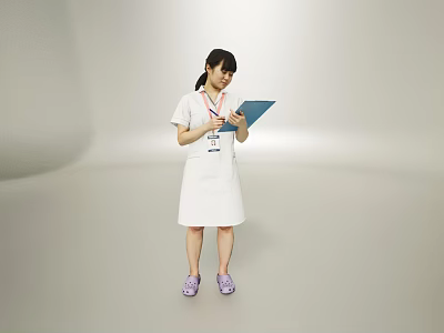 Woman in white uniform with ID badge around neck holding blue folder and purple shoes 3d model