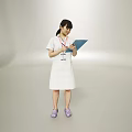 Woman in white uniform with ID badge around neck holding blue folder and purple shoes