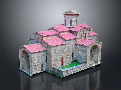 Cartoon Scene Featuring Stone Building With Pink Roof Arched Windows Small Tower And Green Grass 3d model