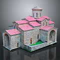 Cartoon Scene Featuring Stone Building With Pink Roof Arched Windows Small Tower And Green Grass