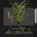 Indoor Landscape Design Featuring Hanging Green Plant Installation With Wooden Curves And Stone Walls
