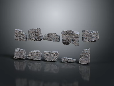 Gray Stone Blocks of Various Shapes and Sizes Floating on Gray Background with Reflections 3d model