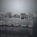 Gray Stone Blocks of Various Shapes and Sizes Floating on Gray Background with Reflections