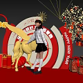Golden Horse Art Installation With Red Background Fortune Characters And Lanterns