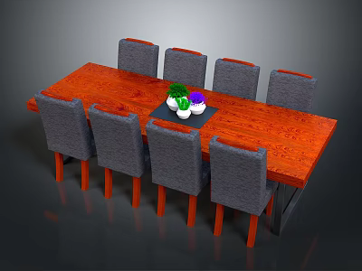 Red Wooden Dining Table With Eight Gray Chairs And Decorative Vases On Tray 3d model