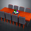 Red Wooden Dining Table With Eight Gray Chairs And Decorative Vases On Tray