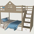 Wooden Bunk Bed With Heart Shaped Guardrail Staircase Drawers And Blue Bedding
