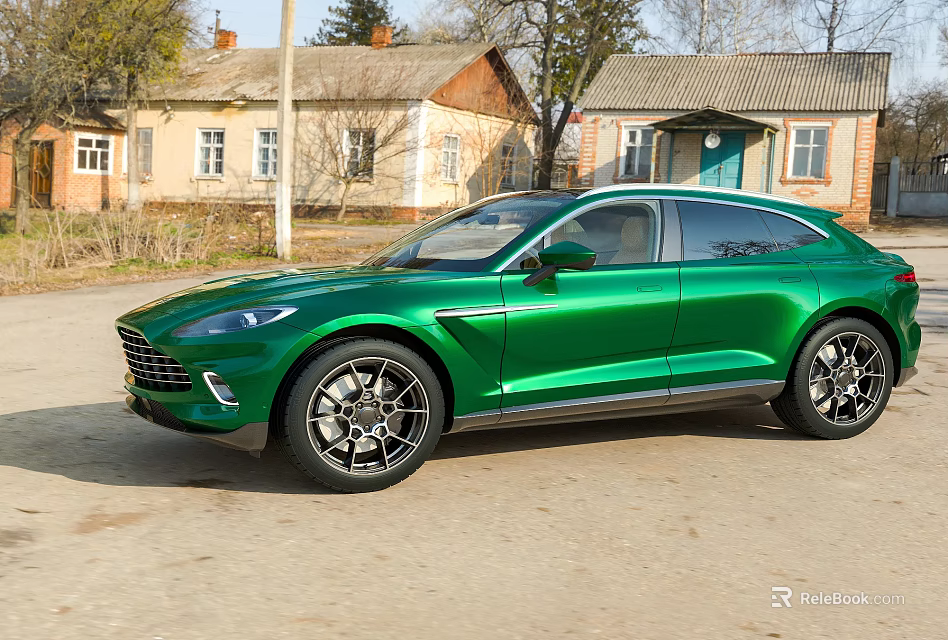 Green Luxury SUV Parked On Rural Road Near Houses 3d model 