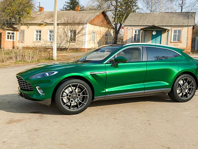 Green Luxury SUV Parked On Rural Road Near Houses 3d model