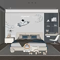 Modern Kids Room Interior With Astronaut Decor Moon Wall Art Bed And Stuffed Toys