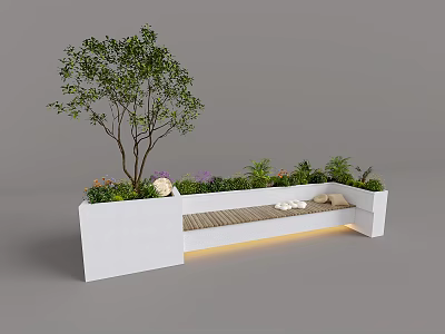 Elegant Plant Combination in White Planter Box with Wooden Bench White Cushions and Light Strip 3d model