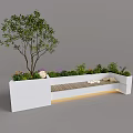 Elegant Plant Combination in White Planter Box with Wooden Bench White Cushions and Light Strip