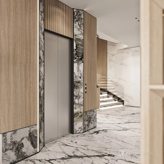 Elegant Modern Elevator Hallway Interior With Wooden Panels Marble Walls And Staircase 3d model 