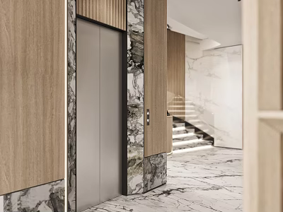 Elegant Modern Elevator Hallway Interior With Wooden Panels Marble Walls And Staircase 3d model
