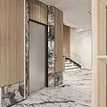 Elegant Modern Elevator Hallway Interior With Wooden Panels Marble Walls And Staircase