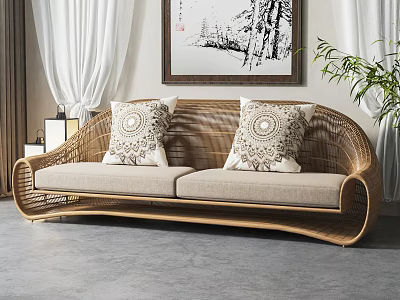 Rattan Two Seater Sofa with Patterned Pillows in Modern Living Room with Curtains and Art 3d model