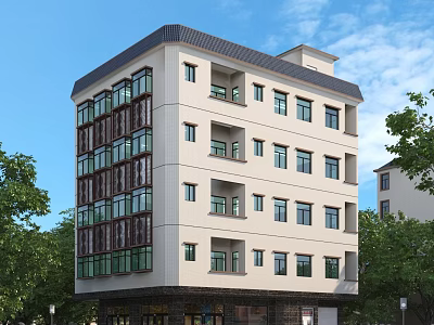Modern Multi Story Residential Building With Light Exterior Dark Accents Windows Balconies And Green Trees 3d model