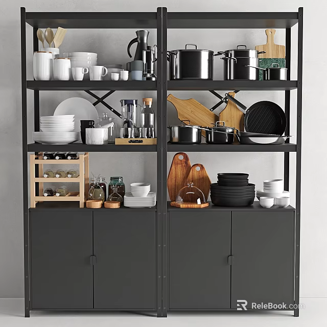Organized Kitchenware Storage On Black Shelves With Pots Pans White Bowls And Cutting Boards 3d model 