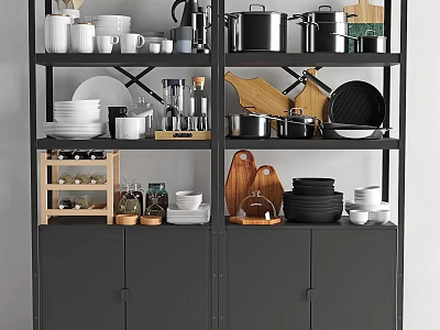 Organized Kitchenware Storage On Black Shelves With Pots Pans White Bowls And Cutting Boards 3d model