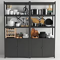 Organized Kitchenware Storage On Black Shelves With Pots Pans White Bowls And Cutting Boards