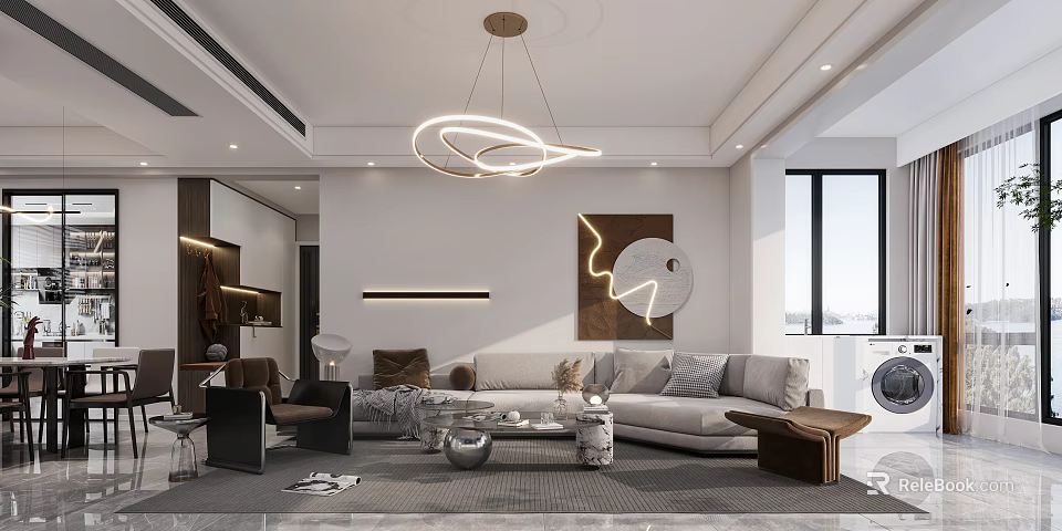 Modern Open Living Dining Room With Curved Chandelier Gray Sofa And Abstract Wall Art 3d model 