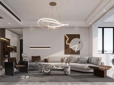 Modern Open Living Dining Room With Curved Chandelier Gray Sofa And Abstract Wall Art 3d model