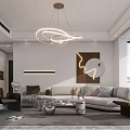Modern Open Living Dining Room With Curved Chandelier Gray Sofa And Abstract Wall Art