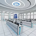 Modern Monitoring Room Interior With Large Blue Screen Control Desks And Ergonomic Chairs